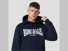 Lonsdale pánska mikina s kapucou s bielym tlačeným logom, materiál 65%polyester 35%bavlna, dve bočné vrecká, kapuca stiahnuteľná šnúrkou